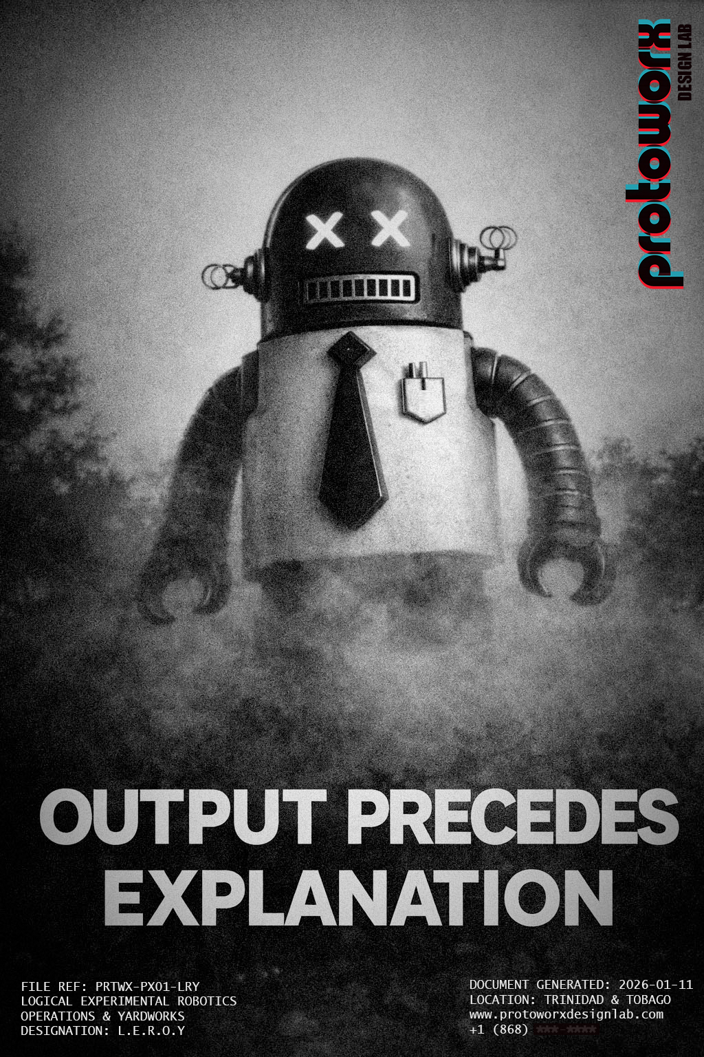 Protoworx Design Lab poster: OUTPUT PRECEDES EXPLANATION